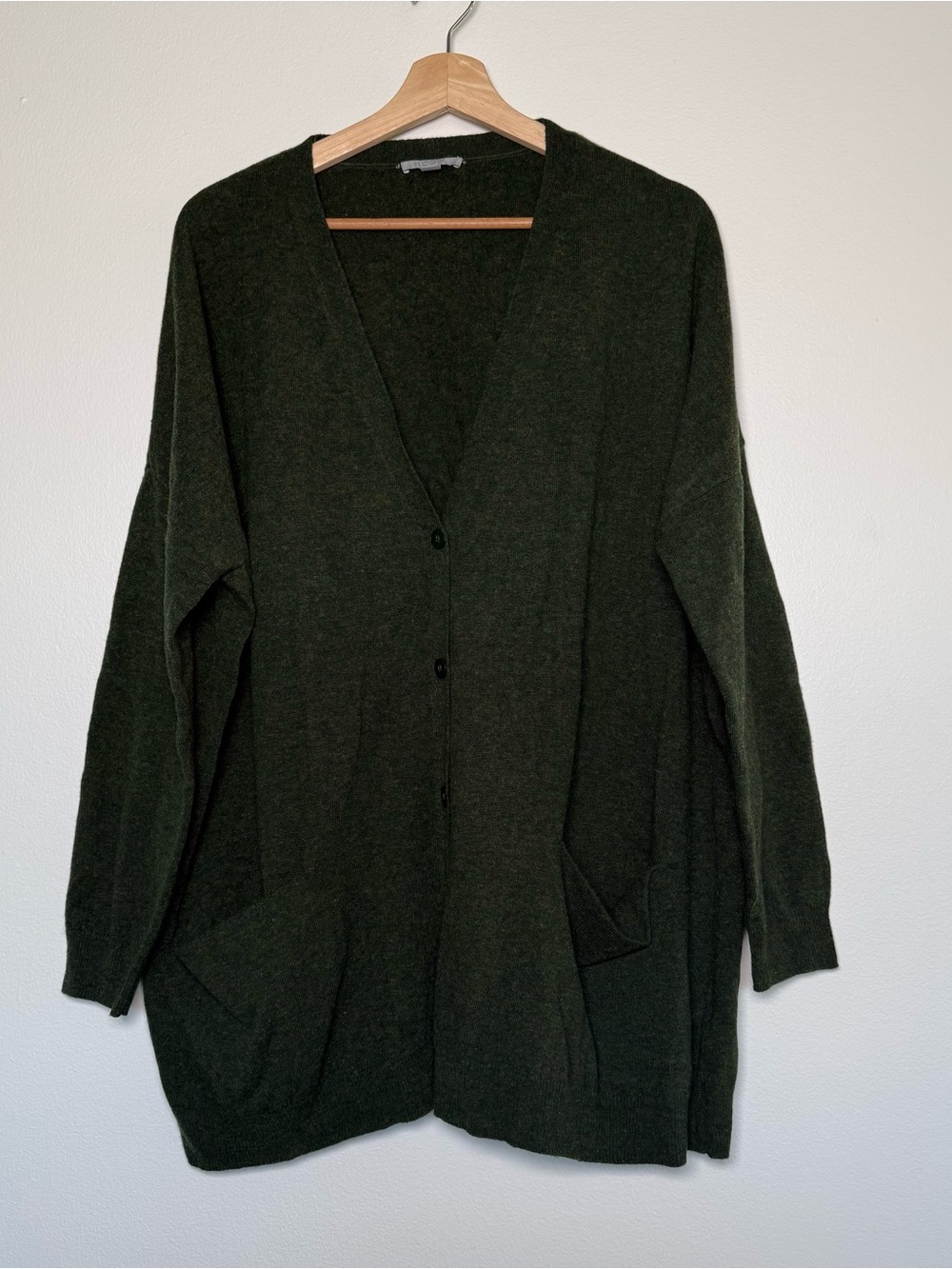 COS Cardigan Sweater Womens Sz M Green V Neck Relaxed 100% Wool Minimalist